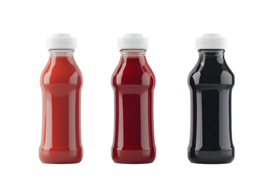 Variety of sauce bottles: red, dark red, and black on white background
