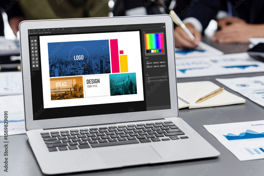 Poster graphic designer software for modern design of web page and commercial brisk ads showing on the comp