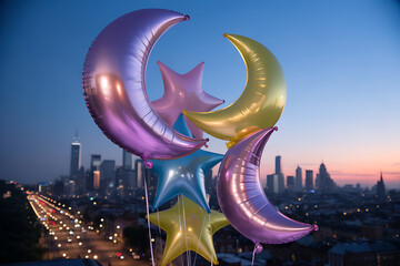 Colorful crescent moon and star balloons float joyfully over a cityscape at twilight, embodying celebration and festive cheer.