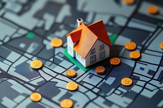 House figure with coins on the city map. Government institutions and social infrastructure. Urban planning, public funding, and community development.

