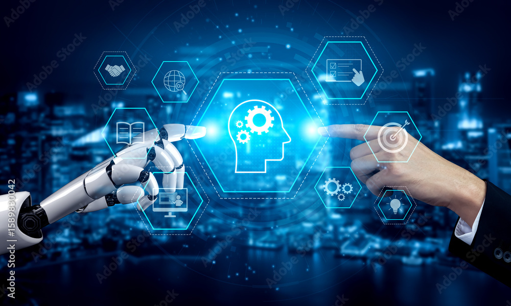 Poster ai or human-driven skill acquisition and training with icons of knowledge, goals, task management, a