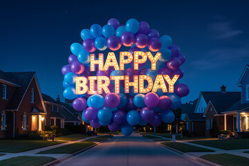 Celebratory birthday wishes are displayed with glowing letters and colorful balloons in a charming suburban neighborhood setting at twilight.