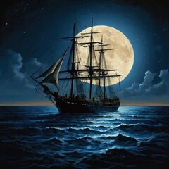 Fototapeta premium Large ship at night, full moon