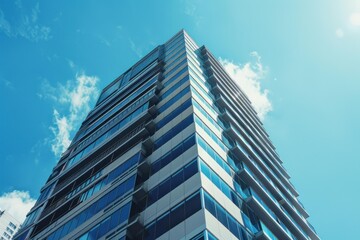 Obraz premium Low angle view of a modern glass skyscraper rising against a vibrant blue sky with fluffy white clouds, conveying growth and success