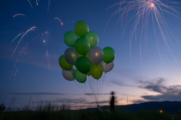 Celebrating with vibrant green balloons as fireworks light up the night sky, a joyous moment captured outdoors.
