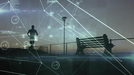 Silhouette runner starting seaside jog at dusk by bench causing animated fitness metrics overlay - Powered by Adobe