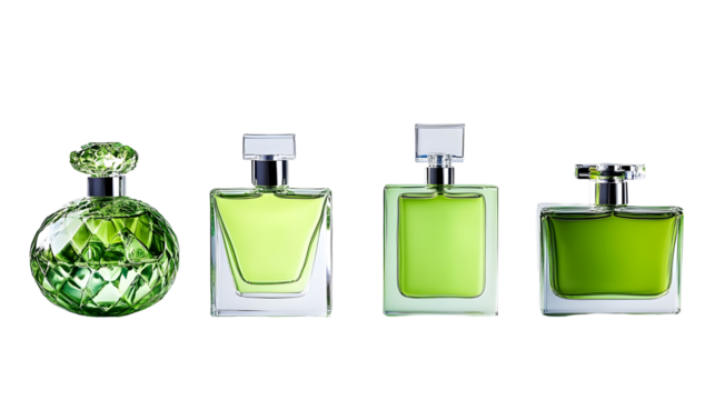 Collection of elegant green perfume bottles in various shapes and designs
