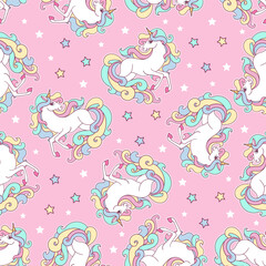 Seamless pattern with white unicorns and stars on pink background. For children's fabric design, wallpaper, backgrounds, prints, posters, cards, wrapping paper, etc. Vector
