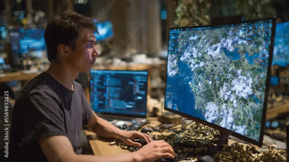 Poster a dedicated developer engrossed in indie game world-building, with digital landscapes and terminal o