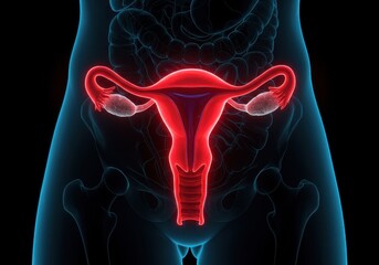 Anatomical illustration showing the female reproductive system with uterus and ovaries highlighted
