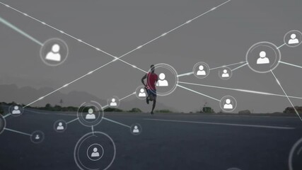 Runner advancing on highway while emitting growing digital network web for technology display - Powered by Adobe