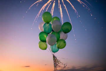 Celebratory green and white balloons float gracefully against a colorful twilight sky with sparkling fireworks above, perfect for events and greetings.