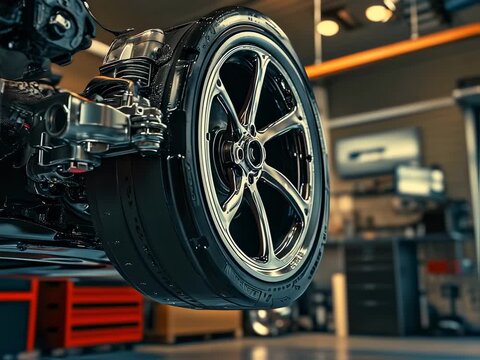 Close-up of a car wheel assembly in a garage, showcasing automotive engineering and maintenance,