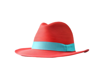 Red fedora hat with blue band on transparent background