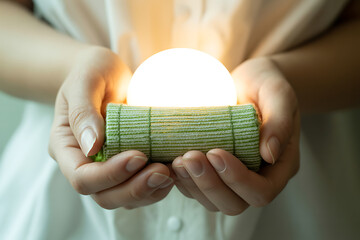 Light glows in hands holding a green wrapped object suggesting care, innovation, and an eco-friendly, bright idea.