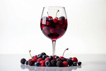 Red wine with berry flavor. Wine glass with cherry, blackberry and raspberry surrounded by berries on white background. AI generative.