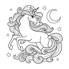 Beautiful unicorn with a long tail. Black and white linear drawing. Isolated on a white background. For children's design of coloring books, prints, posters, cards, stickers, puzzles, etc. Vector illu