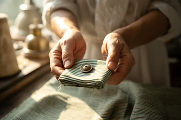 Artisan's hands showcase striped fabric swatch with vintage button in a sunlit studio, highlighting textile design and craft