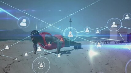 Man performing push-ups on beach each rep activating digital reticle and expanding health network - Powered by Adobe