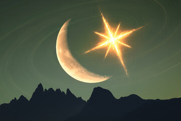 A celestial view featuring a crescent moon, radiant star, and ringed planet against a shadowed mountain range.
