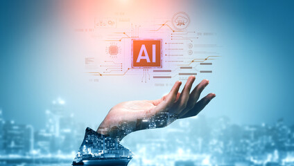 AI core technology presented with digital circuit connections, symbolizing AI systems, processing...