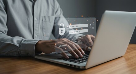 Secure access is illustrated by a man typing his password on a laptop for online security and authentication.