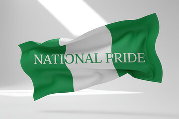 A flowing flag of Nigeria showcases national pride with white text against green and white stripes, symbolizing patriotism.