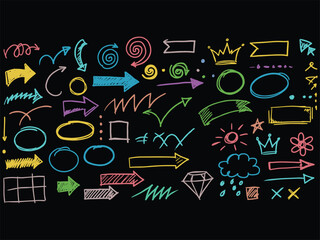 Colorful Hand Drawn Doodle Arrows, Shapes, and Icons Set on Black &ndash; Sketchy Marker Vector Elements Collection

