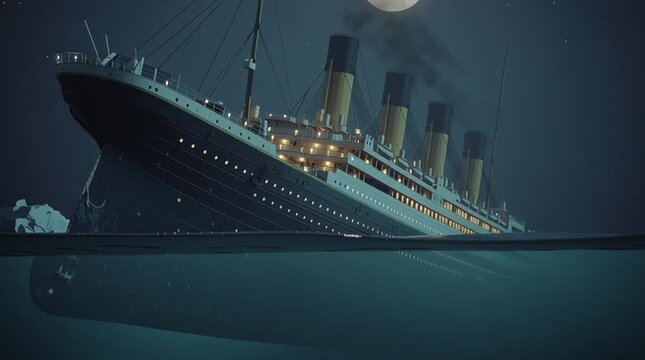 Dramatic scene of ocean liner slowly sinking at night with iceberg in background &mdash; cinematic split-view of maritime disaster
