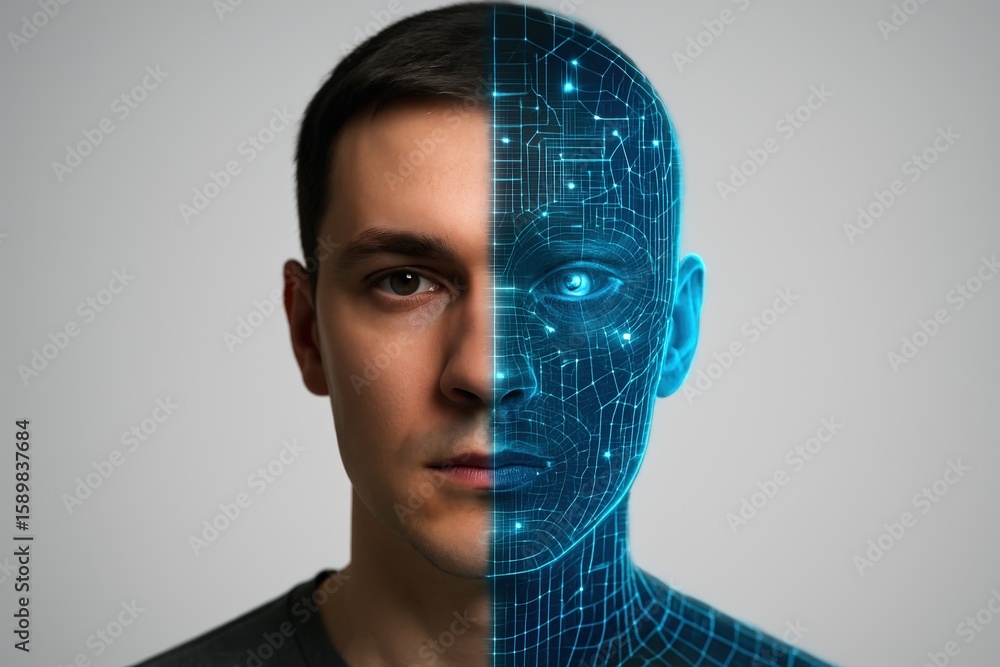 Poster portrait of a man with half face digitalized, exploring artificial intelligence and technological in