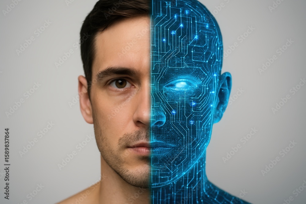 Poster man with half human face and half cybernetic, futuristic ai face with glowing circuit design, reflec