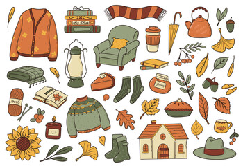 Cozy autumn doodles collection, cartoon elements clipart for prints, cards, posters, banners, signs, planners, stationery, social media decor, etc. EPS 10
