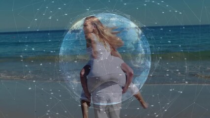Man carrying woman piggyback after playful beach chase, with transparent tech globe pulsing around - Powered by Adobe