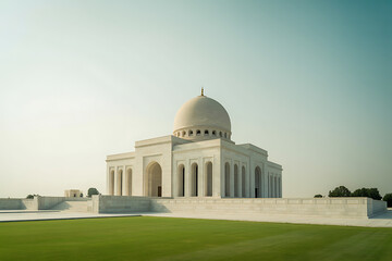 Magnificent white marble mosque architecture showcases serene Islamic building design against a clear sky and lush green landscape.