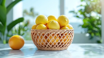   A wicker basket brimming with lemons rests on the table beside a basket laden with lemons