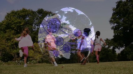 Two children running across grass field sparking digital globe overlay drawing friends to tech demo - Powered by Adobe
