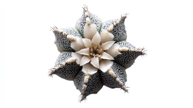 Close up overhead view of  star shaped succulent cactus with  white bloom against  white background
