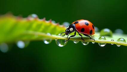 Naklejka premium Close-up of red ladybug with water beads