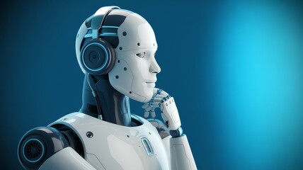 A futuristic humanoid robot with headphones appears to be thinking or processing information against a blue background.