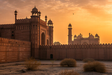 A beautiful view of the Lahore Fort, a historic Mughal fortress complex located in Pakistan's Punjab province.
