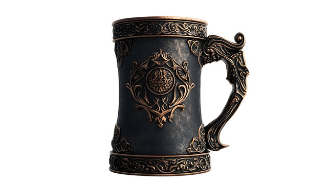 Ornate vintage beer mug with intricate gold accents on black background - Powered by Adobe