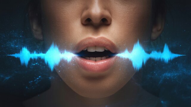 Close-up of a person's mouth with a blue digital soundwave graphic illustrating voice or speech recognition technology.