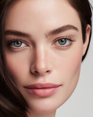 Fototapeta premium Close up portrait presents a model with natural makeup showcasing stunning blue eyes and healthy skin tone.