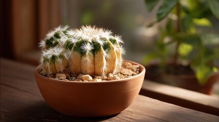 Small potted cactus with spiky white needles sits on  wooden surface potted plant