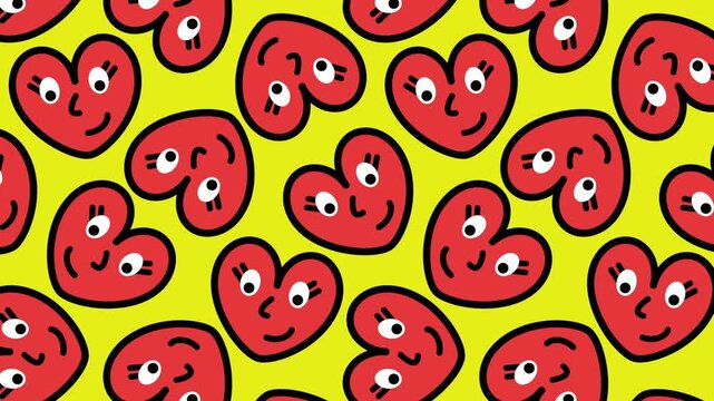 Cute cartoon retro groovy Valentine's Day seamless pattern with red hearts horizontal video