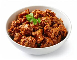 Bowl of spiced meat cubes, garnished