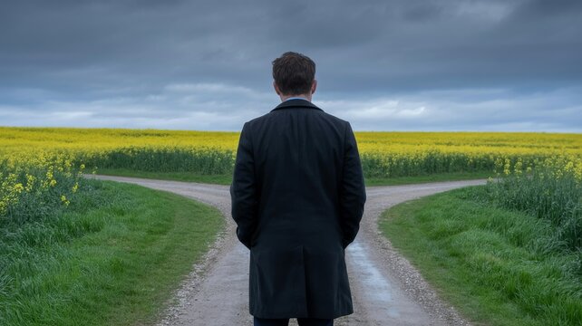 A man in a dark coat stands at a fork in a rural dirt road, surrounded by green grass and yellow flowering fields under a cloudy sky.