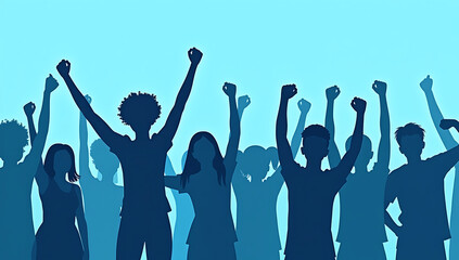 Fototapeta premium Collective Power Raised Fists in a Sea of Blue