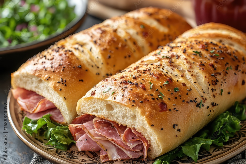 Fototapete warm and crusty sub rolls on a decorative plate with a side of deli meats and a sprinkle of lettuce