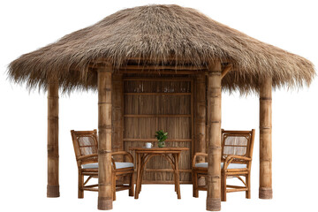 Natural bamboo hut with chairs and table isolated on white background